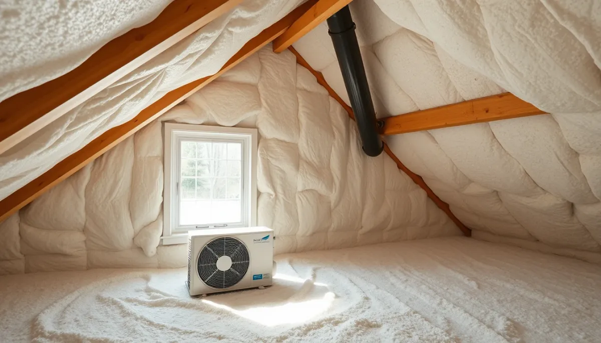 Combles bien isolés avec une pompe à chaleur visible à l'extérieur