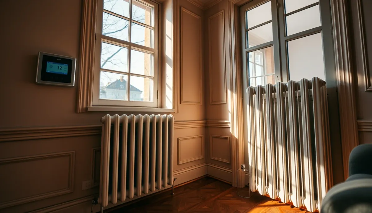 Salon confortable dans une maison ancienne avec un thermostat d'ambiance et un radiateur moderne