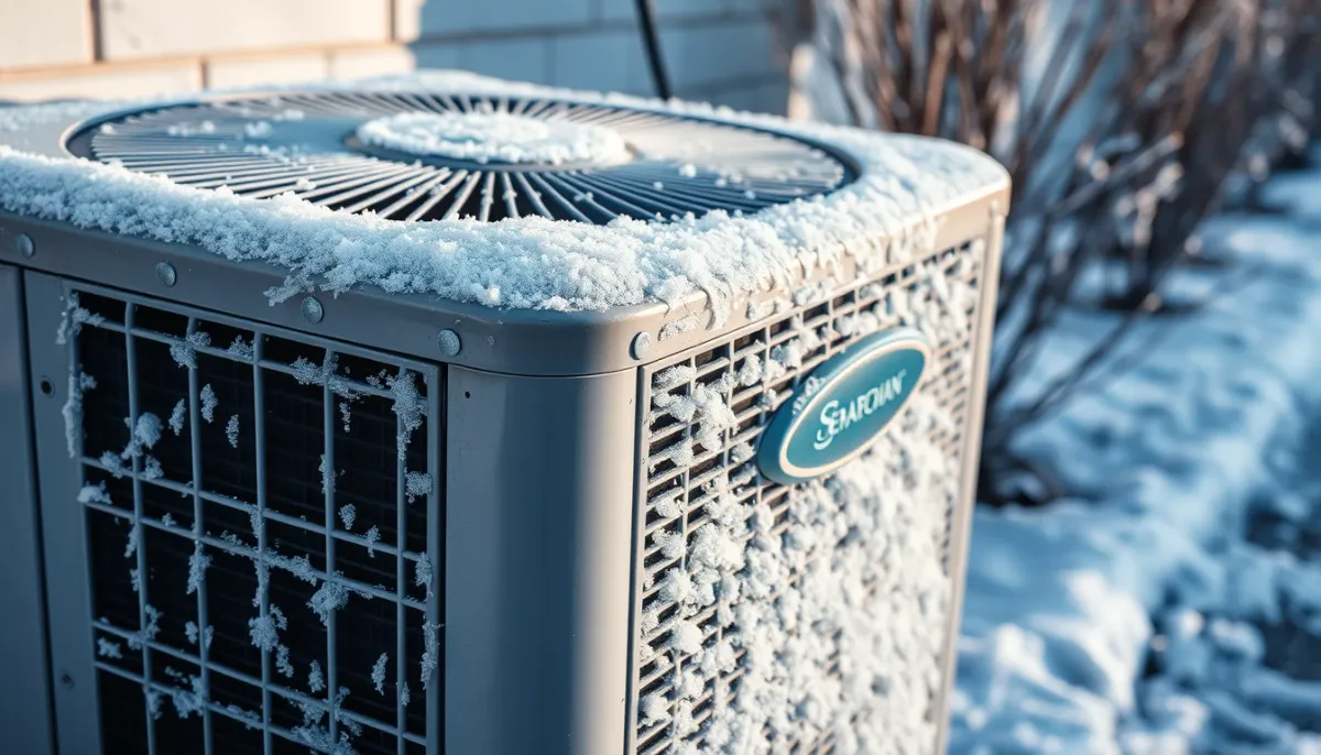 Unité extérieure de pompe à chaleur givrée par une matinée d'hiver