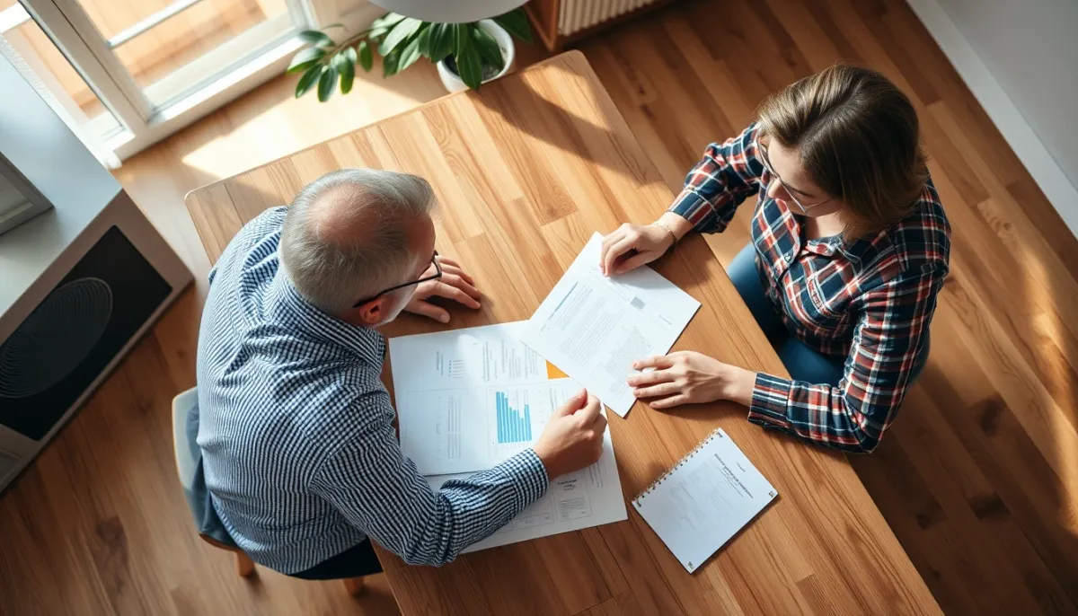 Conseiller et propriétaire examinant des documents pour choisir une pompe à chaleur air/eau