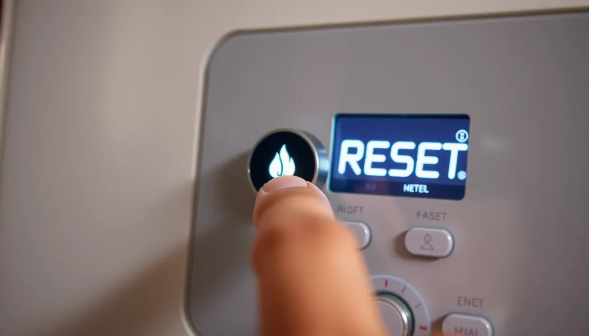 Doigt appuyant sur le bouton RESET d'une chaudière Saunier Duval