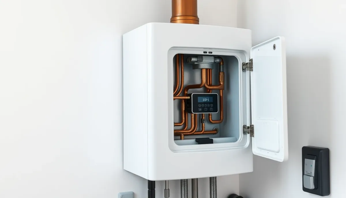 Vue rapprochée d'une chaudière gaz murale à condensation avec panneau de commande digital