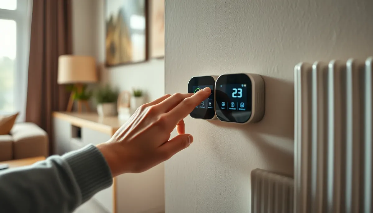 Main réglant un thermostat digital mural dans un salon chaleureux
