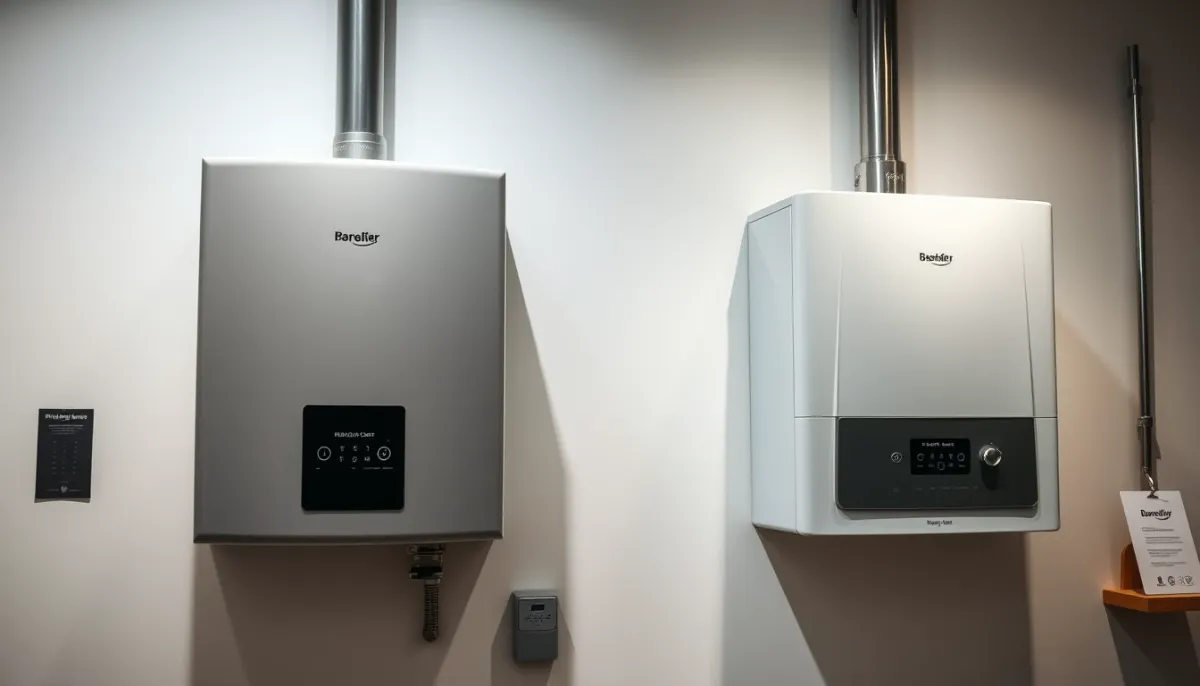 Deux chaudières gaz murales côte à côte dans un showroom