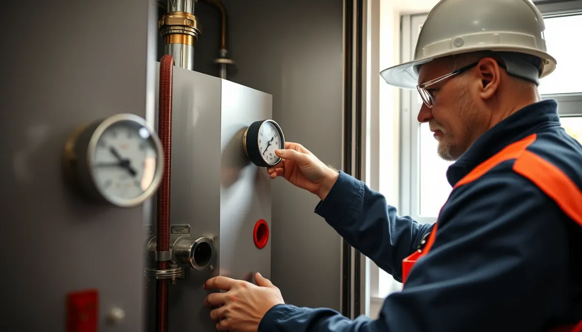 Chauffagiste contrôlant le vase d'expansion d'une chaudière avec un manomètre