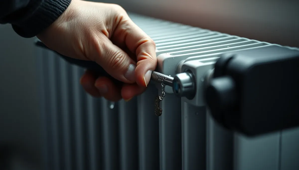 Personne purgeant un radiateur à l'aide d'une clé de purge pour éliminer l'air du circuit de chauffage
