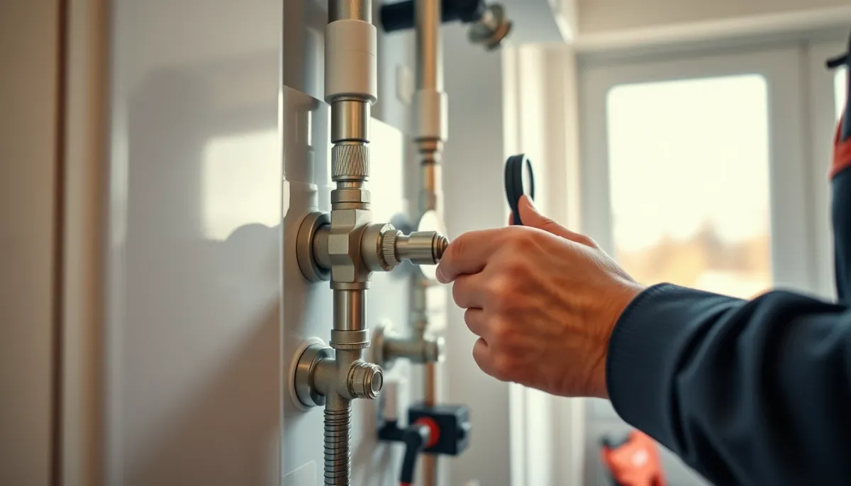 Gros plan sur les mains d'un technicien raccordant une chaudière gaz à condensation murale
