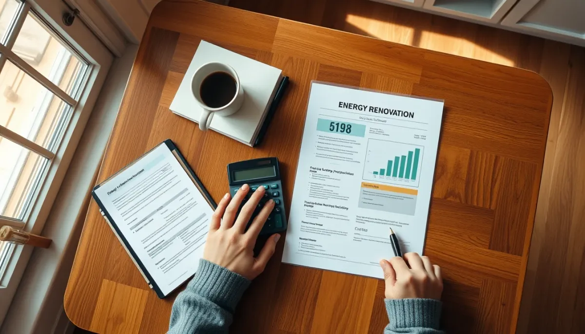 Vue de dessus de documents de rénovation énergétique et d'une calculatrice sur une table en bois