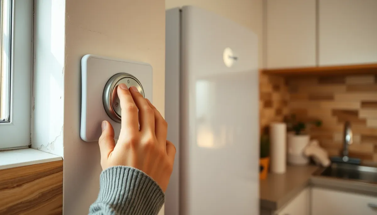 Réglage du thermostat d'une chaudière Frisquet Hydromotrix dans une cuisine lumineuse
