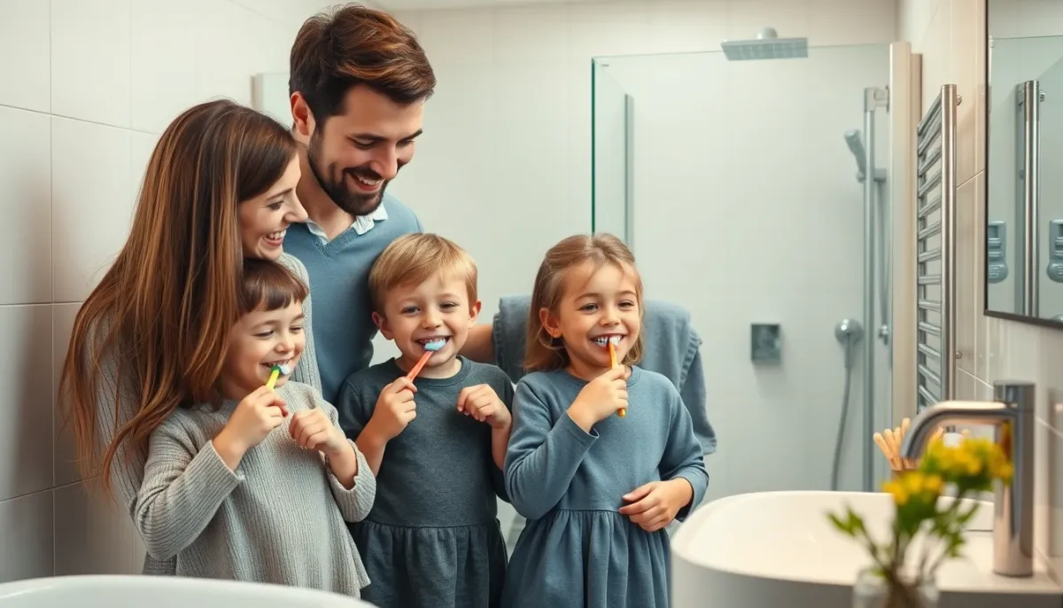 Famille profitant d'une salle de bain moderne grâce à l'eau chaude fournie par la chaudière Frisquet