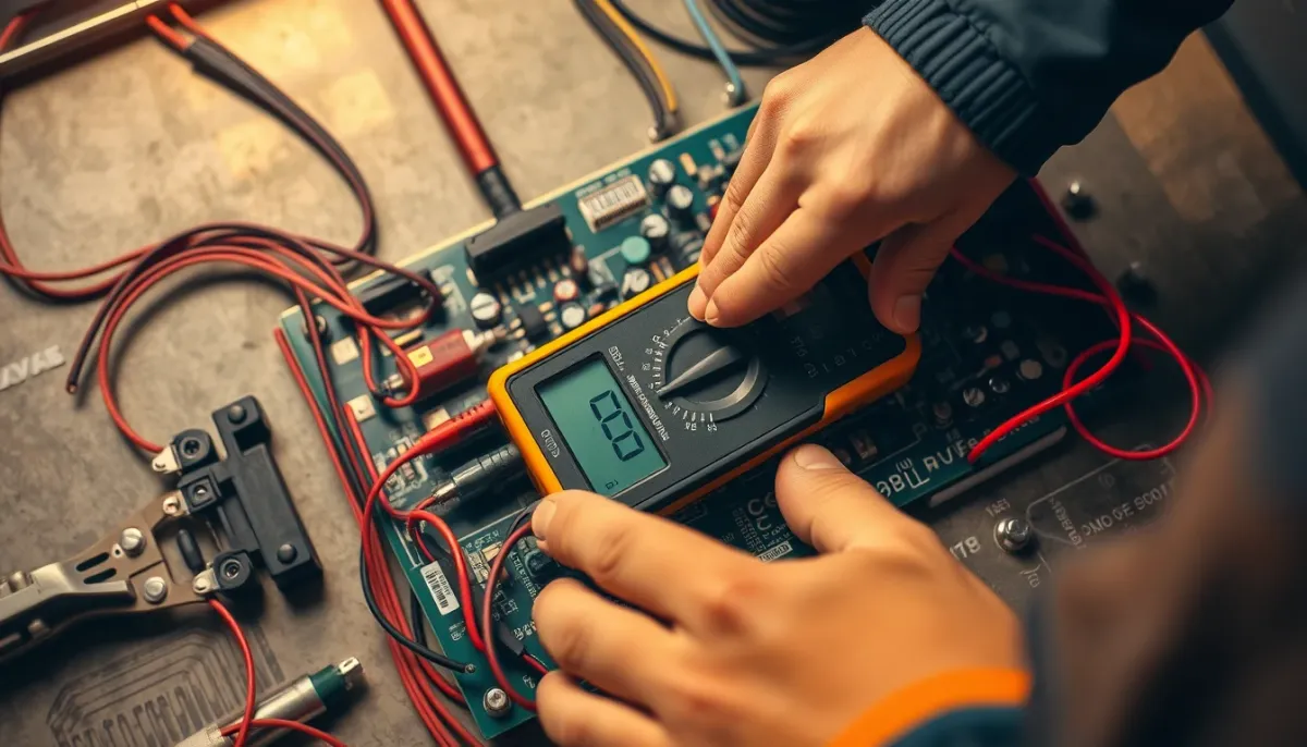 Technicien utilisant un multimètre sur la carte électronique d'une chaudière