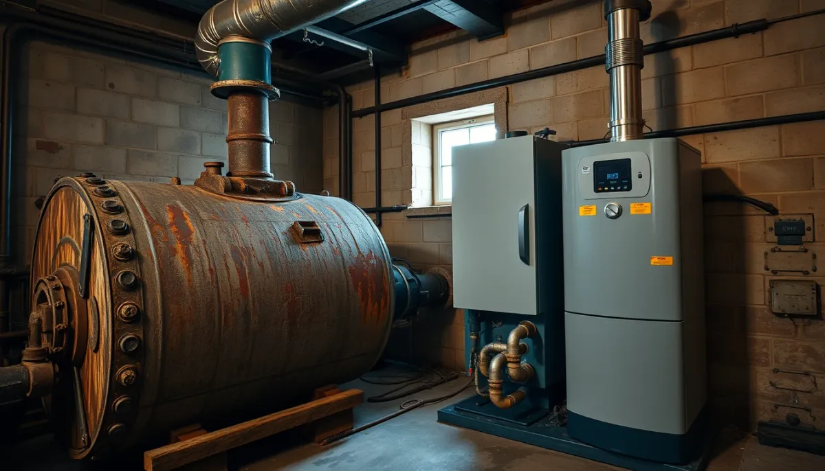 Comparaison entre une ancienne chaudière rouillée et une chaudière moderne à condensation