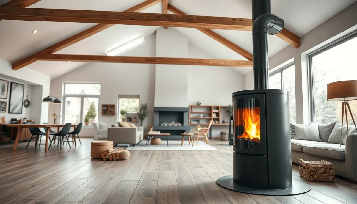 Poêle à granulés de forte puissance dans un grand salon avec distribution d'air chaud