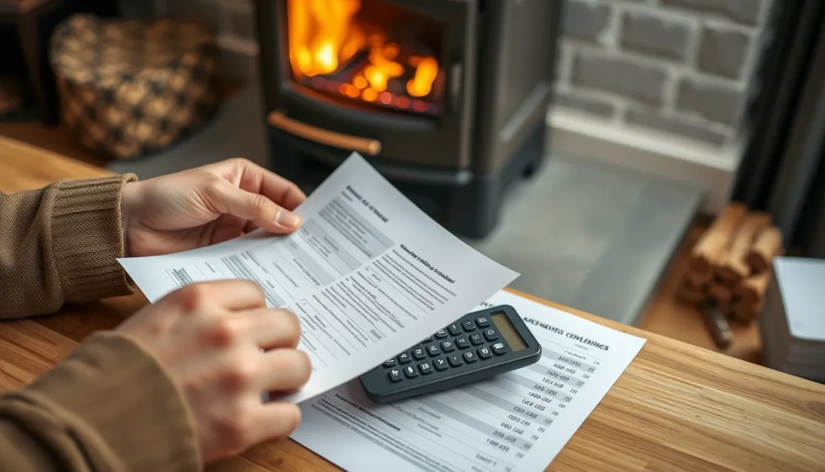 Personne consultant un devis détaillé pour l'installation d'un poêle à granulés avec calculatrice