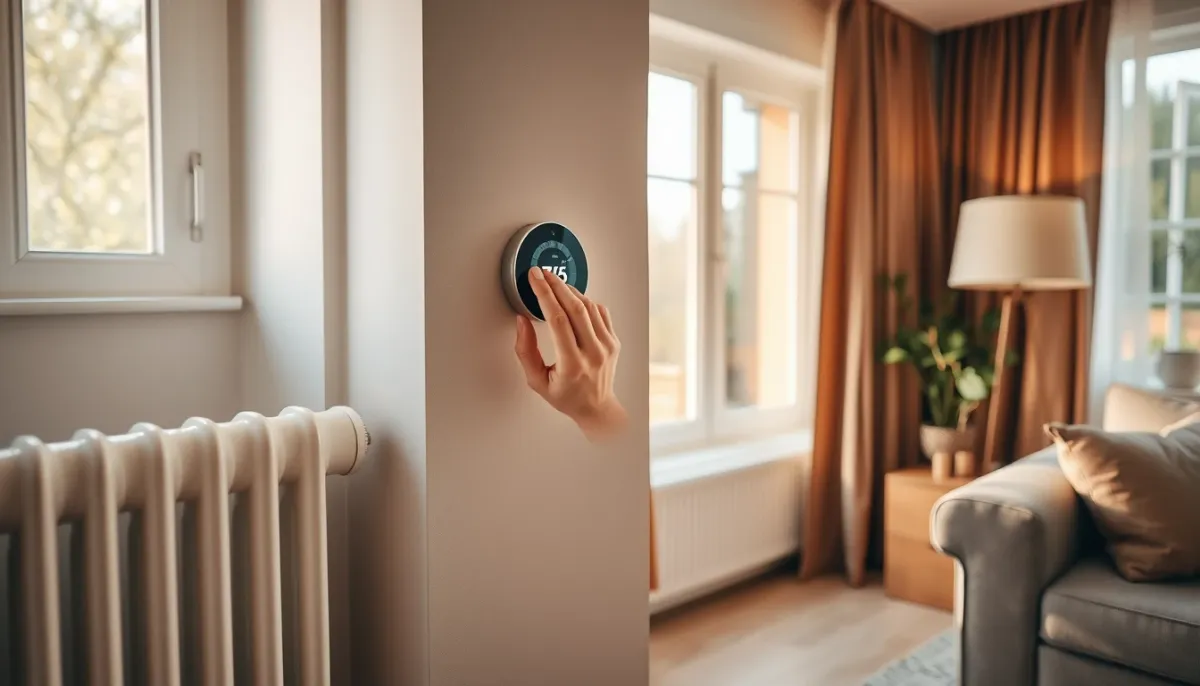 Salon confortable avec radiateur et thermostat intelligent, illustrant le confort au quotidien